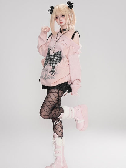 Pink/Black/White Bowknot Applique Asymmetrical Neckline Sweater Distress Trim