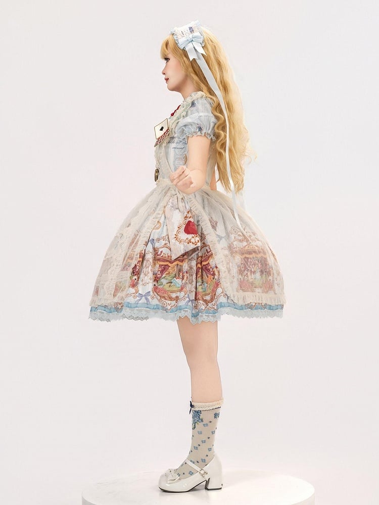 Azure Alice in Wonderland Theme Print Polka-dot Collar Sweet Gown - Forest Fairy Tales