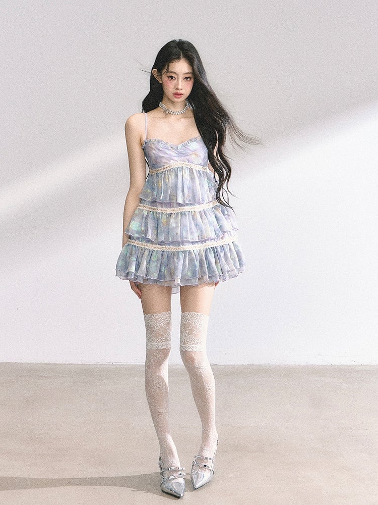 スリップドレス ティアードネックラインスカート ブルー スイートハート 油絵 花柄 ミニ