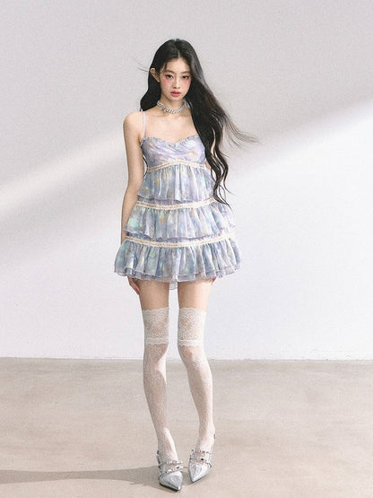 スリップドレス ティアードネックラインスカート ブルー スイートハート 油絵 花柄 ミニ