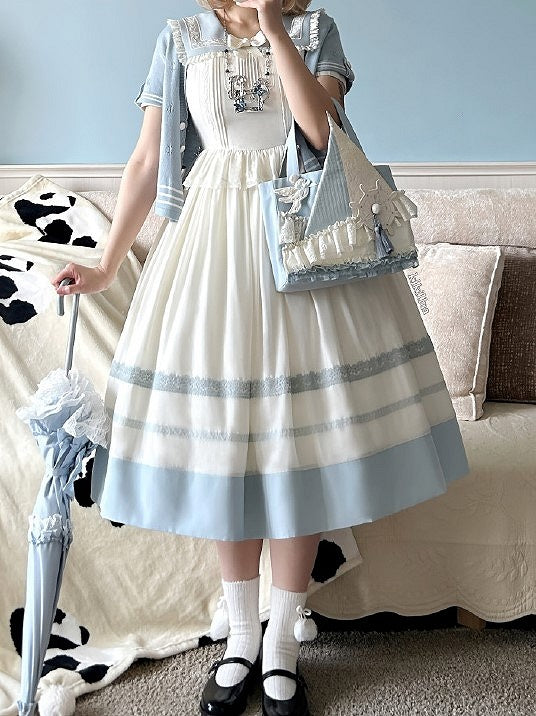 Lace Milk White Sailor Dress Puff Sleeves and Trim Collar Lolita with Light Blue
