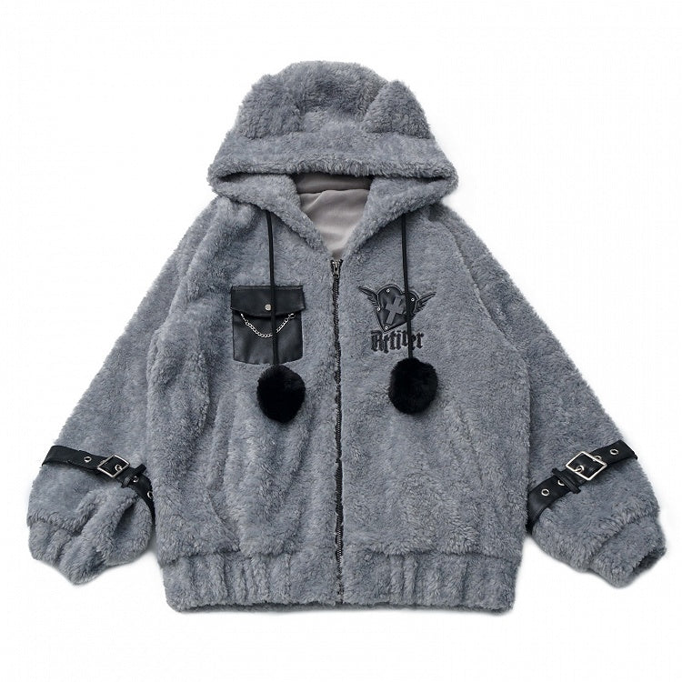 Hooded Pompon Ear Charm Jacket - Grey Plush Kitty