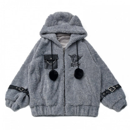 Hooded Pompon Ear Charm Jacket - Grey Plush Kitty