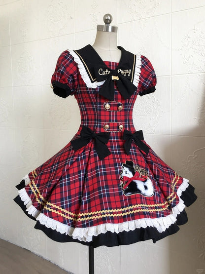 Trim Lace Black Red Sweet Plaid Lolita Dress with Patch Puppy and