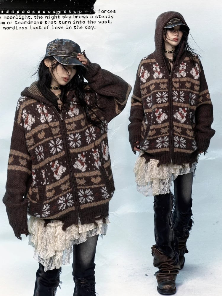Schwarzbrauner Mohair-Kapuzenpullover