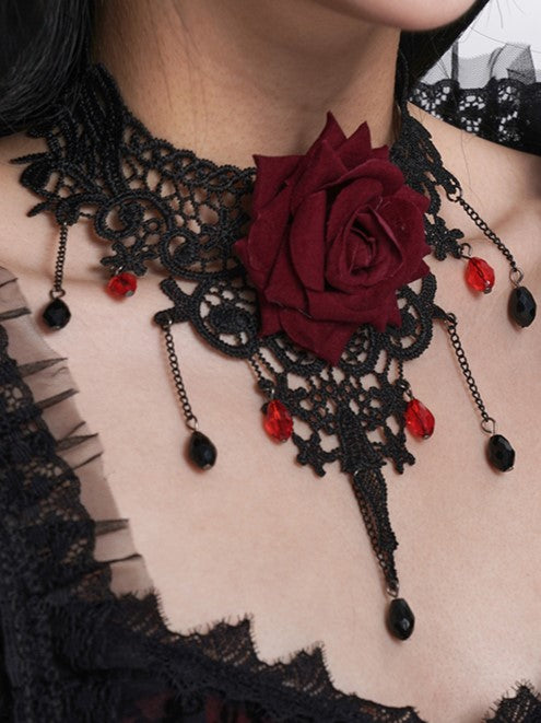 Gothic Black & Red Rose Choker with Obsidian Pendant