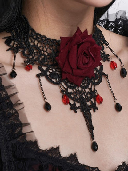 Gothic Black & Red Rose Choker with Obsidian Pendant