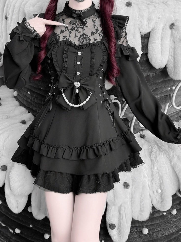 Jirai Kei Black Floral Lace Dress Set with Shorts, Bow Tie, Bead Chain & Hairclips - Jiuniang Cherry