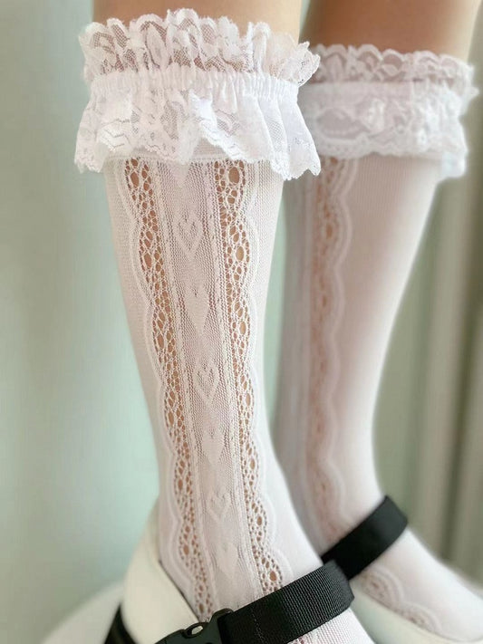 White/Cream Yellow Ruffled Lace Cuff Calf Socks