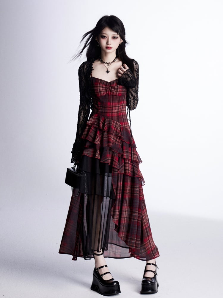 Waistline Asymmetrical Red Plaid Cami Dress Tiered Ruffles with