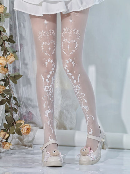 Strumpfhose Gothic Maiglöckchen und Kreuzdruck Shiro Lolita