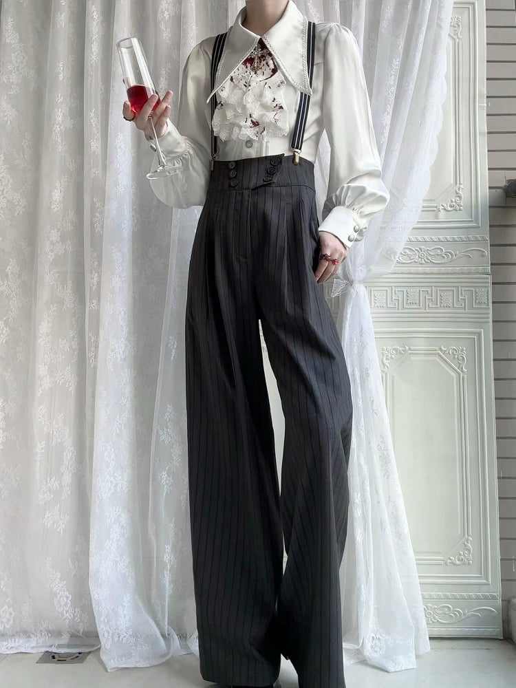 Gestreifte Stoffhose aus dunklem Ouji-Stoff, Lolita-Grau