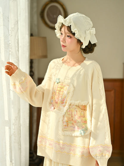 Yellow Oil Painting Teddy Bear Applique  Sweater