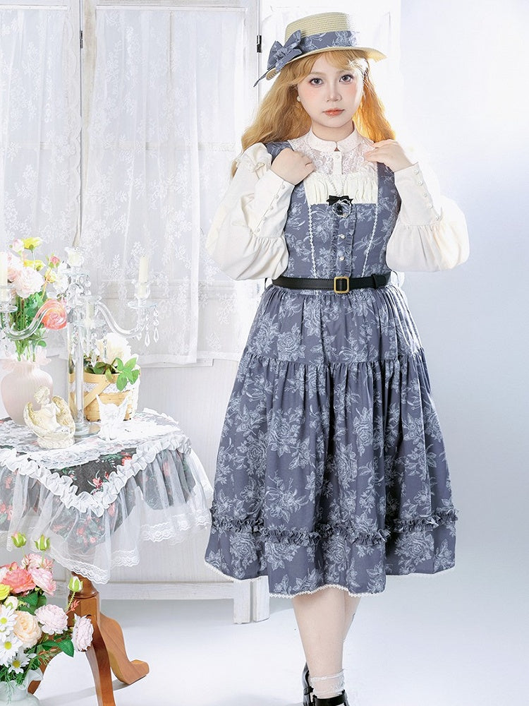 Gray & White Rosette Print Elegant Classic Lolita JSK Dress with Lace Trim