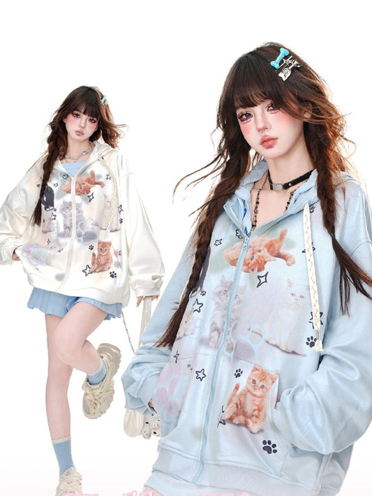 Weiß/Blau Kitty Lockerer Hoodie mit Reißverschluss