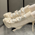 Platform Bow Accents Scalloped Lolita White Elegant Creamy Hem Boots with High-heel