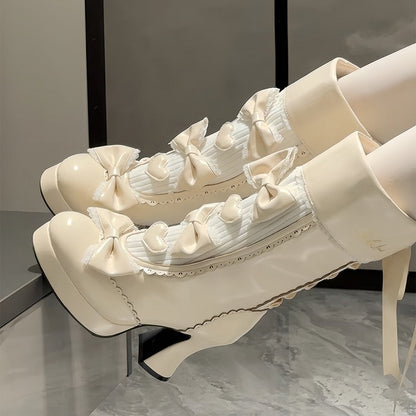 Platform Bow Accents Scalloped Lolita White Elegant Creamy Hem Boots with High-heel