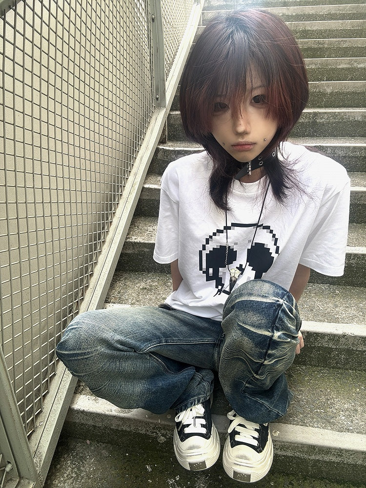 Pixel Round Neck T-Shirt Skeleton Print Cotton Black/White