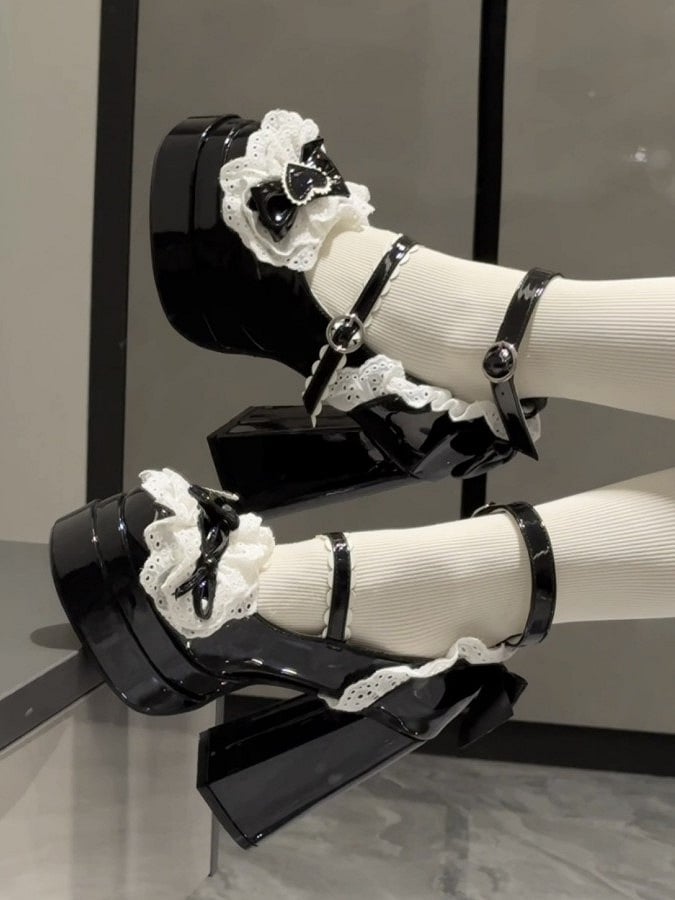 High Strap Platform Decor Block Black Bow Scalloped Lolita Heels with Sweet