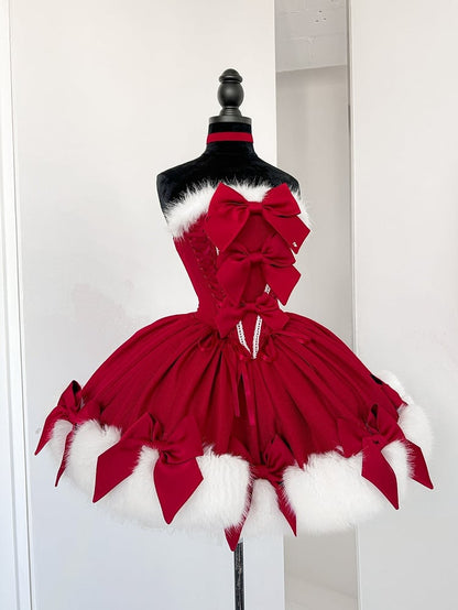Red Christmas Bows Decorated Plush Neckline and Hemline Boning Dress + Cape Full Set