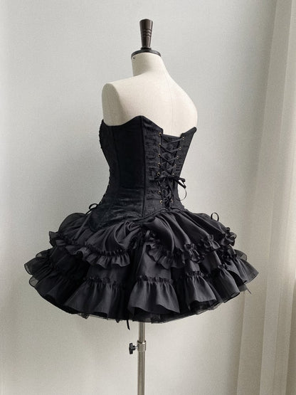 Lolita Drawstring Hem Skirt Gothic Black Kuro Ruffle