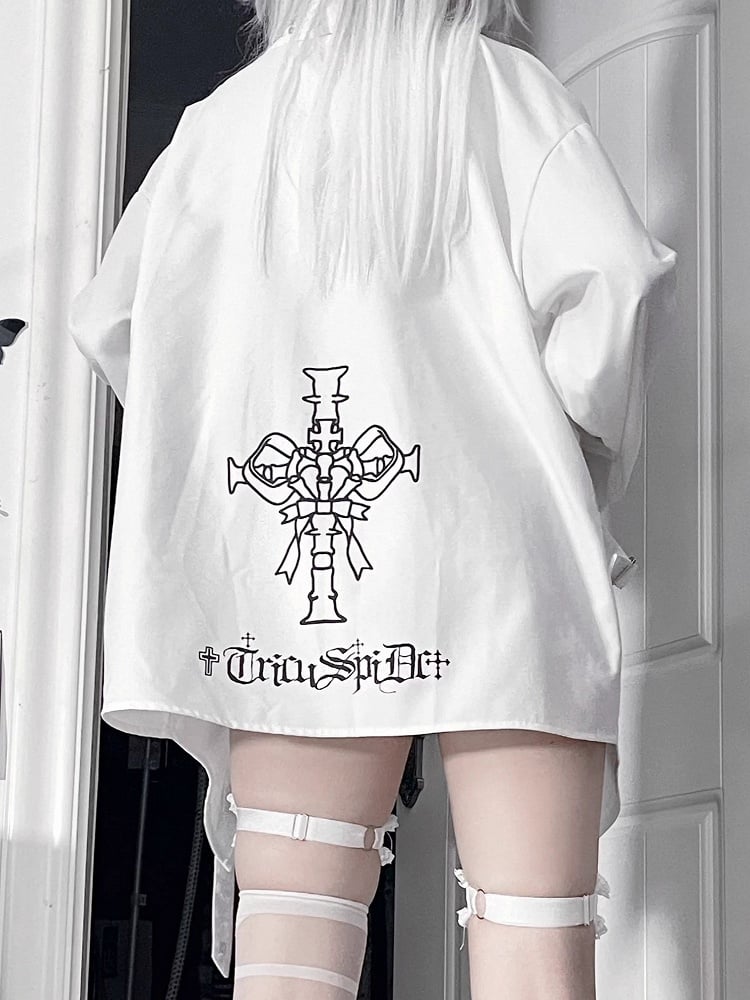 Studded Shirt Asymmetrical Punk Hem White with Collar Long-Sleeve