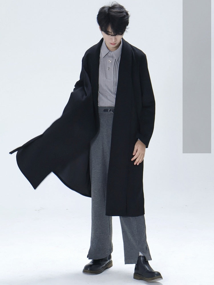 with Slit Black Open Belt Ouji Coat Side Placket Design Hem Unisex Set