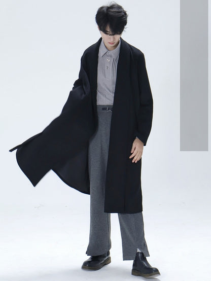 with Slit Black Open Belt Ouji Coat Side Placket Design Hem Unisex Set