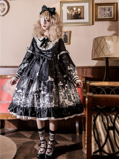 Castle Lolita OP Black Long-Sleeve Gothic Print Dress White