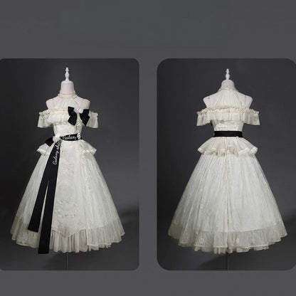 Beige Halter Neck Floral Embroidery Elegant Classic Lolita Dress with Bow - Unknown Star