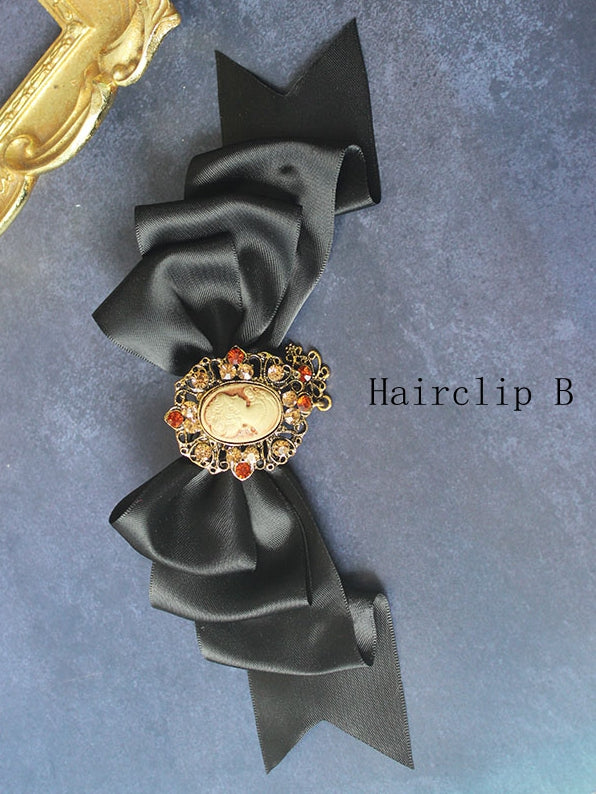 Black Satin Lace Trim Bonnet With Bowknot Details Hairclips