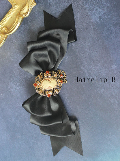 Black Satin Lace Trim Bonnet With Bowknot Details Hairclips