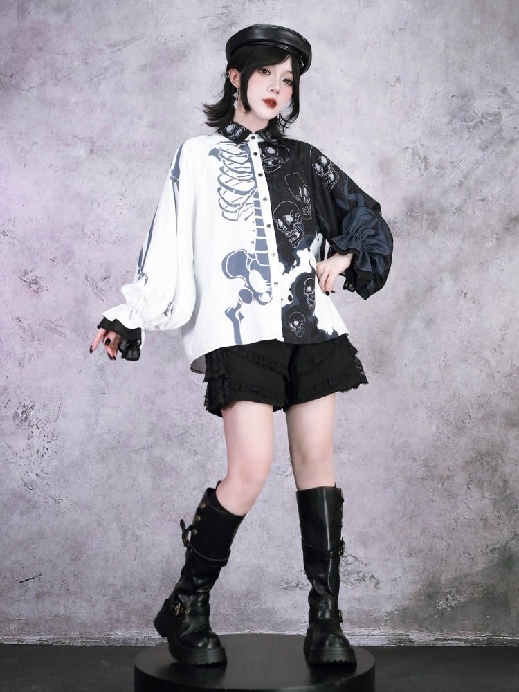 Gothic Black and White Balloon Sleeve Shirt with Asymmetric Skeleton Print - Quirky Hut