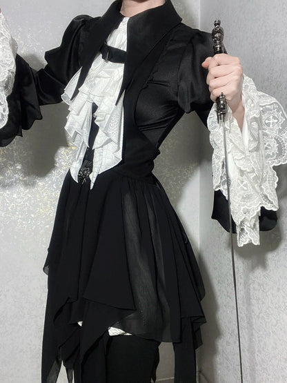 Tail Long Shirt Spitzkragen Gothic Foldover Ouji Ärmel Lolita Schwarz