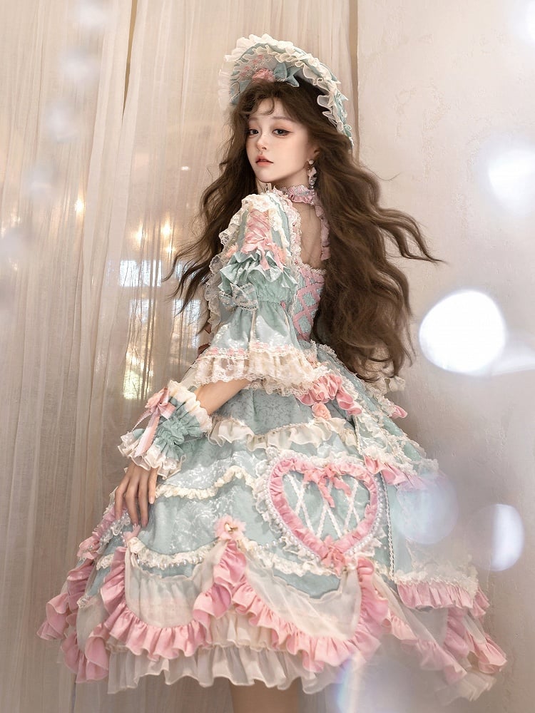 Wunderschönes Hanayome Lolita-Kleid mit Rosettenstickerei und Perlenkettendetails in Mintgrün
