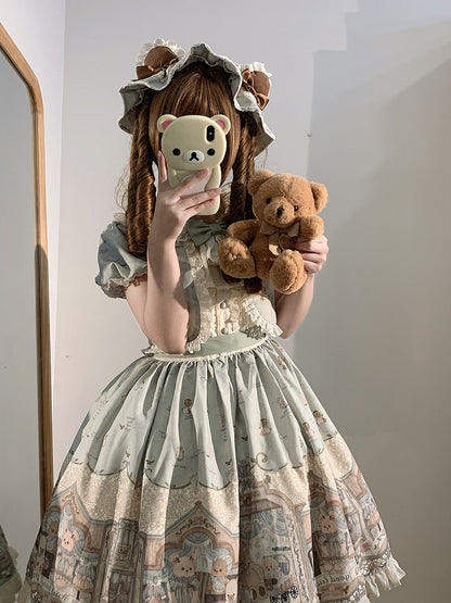 グリーン/ベージュのクマの耳のボンネット