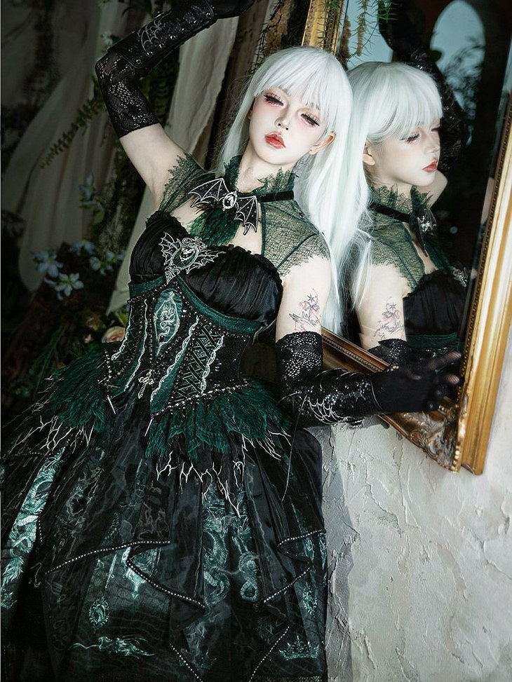 Black & Green Bone Dragon Embroidery Halter Neck Gothic Lolita Dress Set - Ying Luo Fu