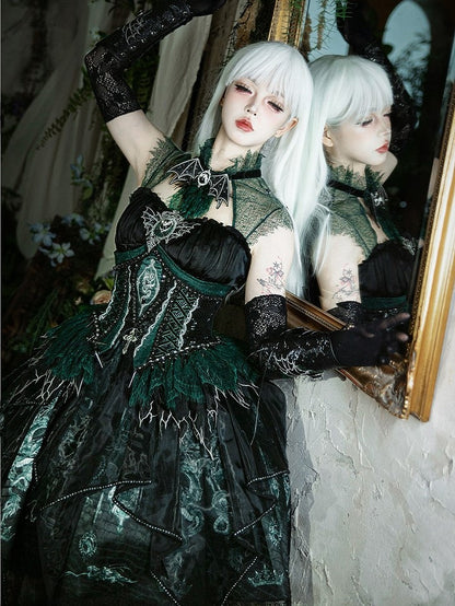 Black & Green Bone Dragon Embroidery Halter Neck Gothic Lolita Dress Set - Ying Luo Fu