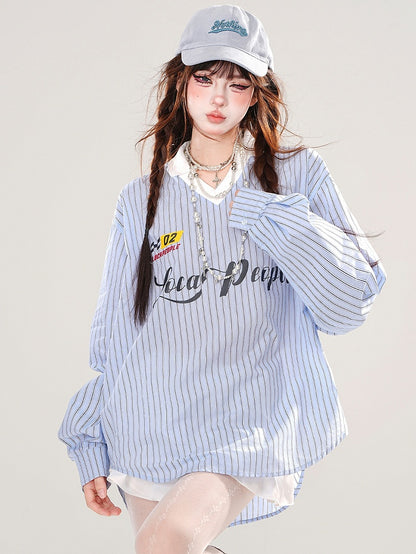 Blau/Rosa Buchstaben V-Ausschnitt Gestreiftes Lockeres Top