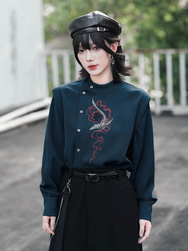 Navy Stand-Collar Asymmetric Shirt with Skeleton Whale Embroidery - Quirky Hut