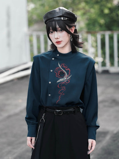 Navy Stand-Collar Asymmetric Shirt with Skeleton Whale Embroidery - Quirky Hut