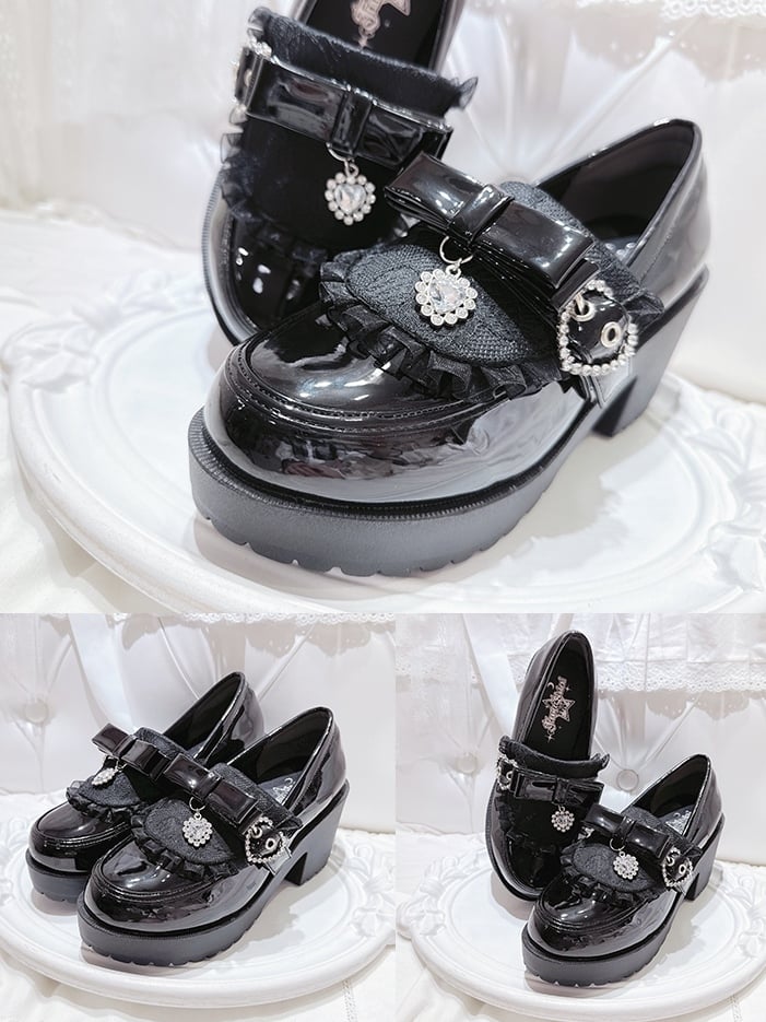 Platform Bow with Trim Polished Lace Kei Loafers Accents Jirai Rhinestone Details Black - Heart