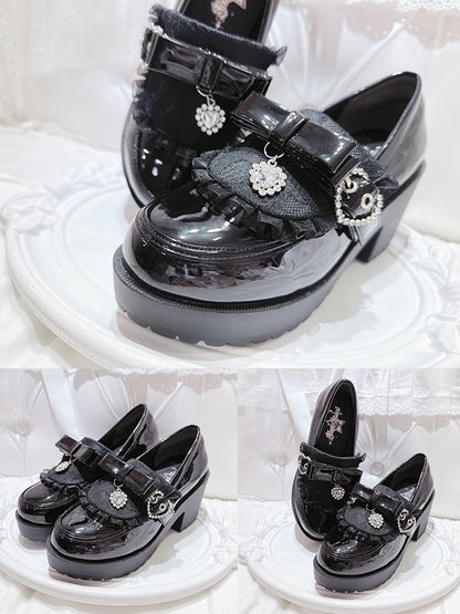 Platform Bow with Trim Polished Lace Kei Loafers Accents Jirai Rhinestone Details Black - Heart