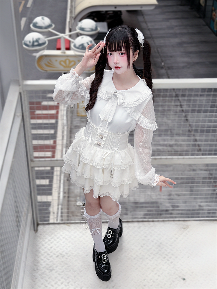 Style Design with Bow Landmine Long-Sleeve White Blouse Tie Cape Lace
