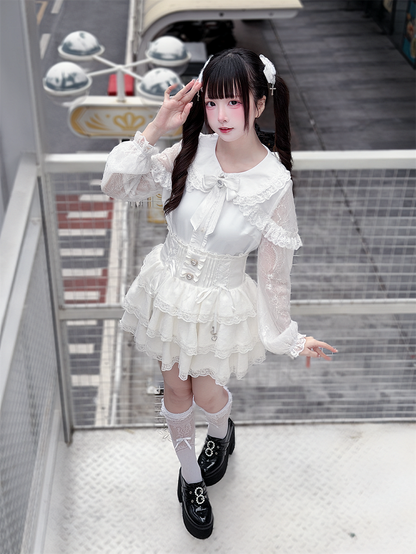 Multi-Layer White Ruffle Landmine Lace High-Waisted Style Skirt