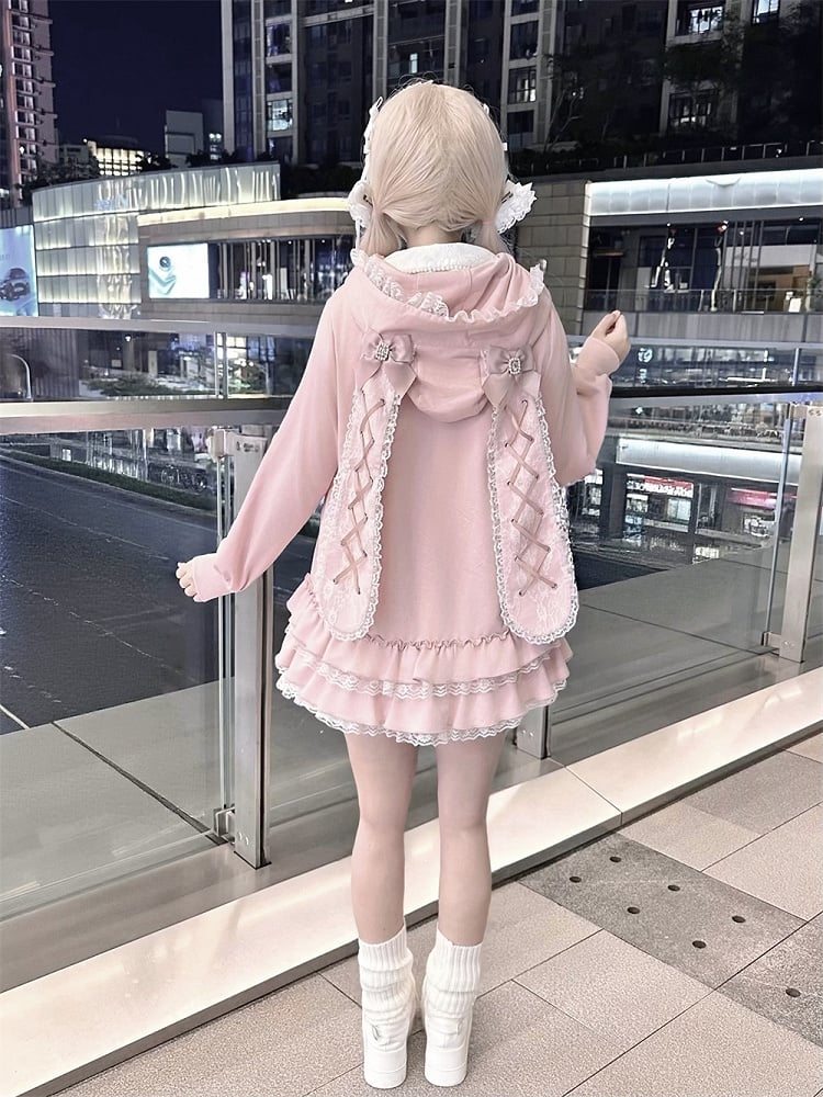 Tiered Pink Sweet | Hoodie Ruffles Kei Dress Heart Pockets Jirai Bunny-Eared