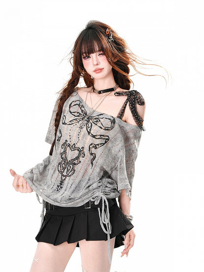 Gray Asymmetrical Neckline Drawstring Waist Hollow-out Graphic T-Shirt
