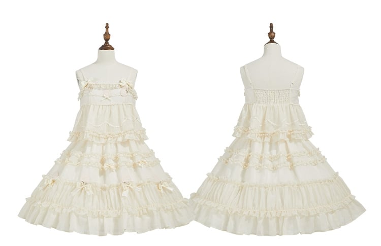 Beiges süßes Lolita-Kleid mit Schleifenakzenten und Rüschenbesatz