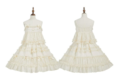 Beiges süßes Lolita-Kleid mit Schleifenakzenten und Rüschenbesatz