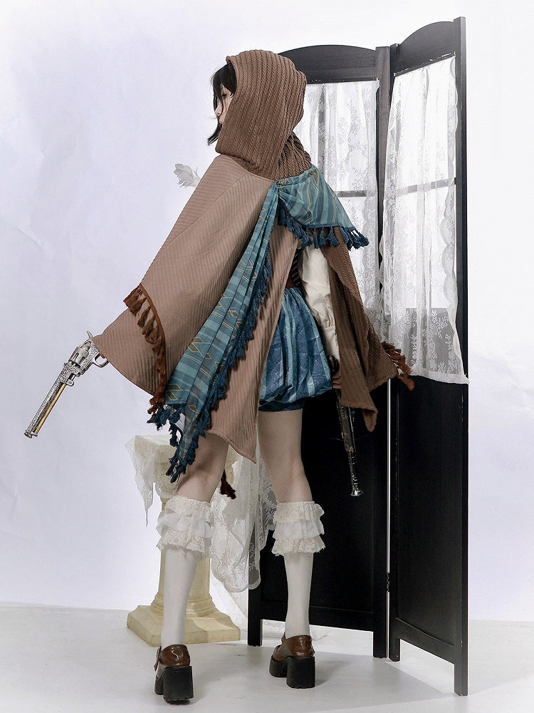 Wasteland Style Brown Asymmetrical Lolita Cape with Tassel & Bead Accents - Xiong Dou Jiang